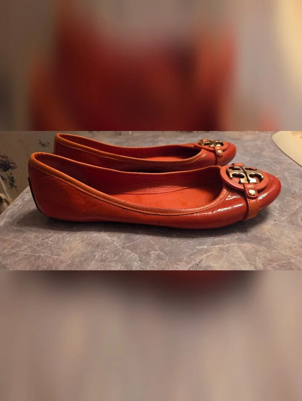 Tory Burch Orange Patent Leather Logo Ballet Flats